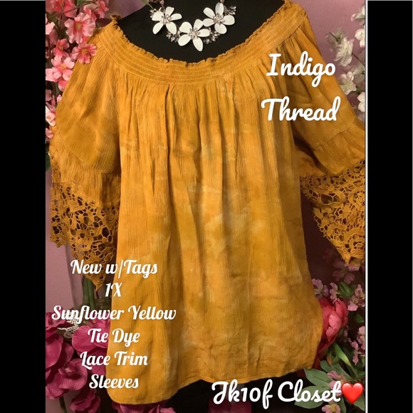 🌻NWT 1X INDIGO THREAD HARVEST GOLD LACE TRIM SLEEVE TOP - Picture 13 of 13
